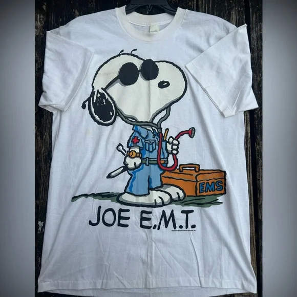 Vintage 90’s The Peanuts Snoopy Joe EMT XL Single Stitch Short Sleeve T-Shirt Z5 - Picture 3 of 5